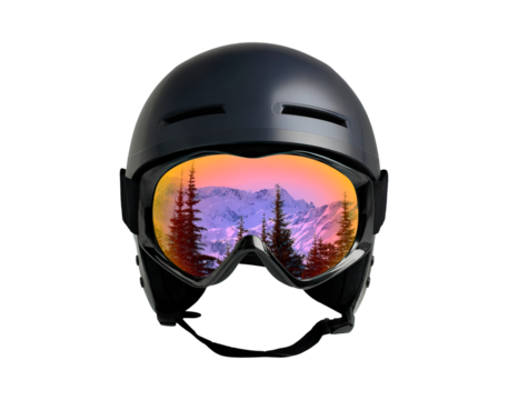 Winter adventure theme with mountains reflecting in ski goggles for sport enthusiasts on transparent background