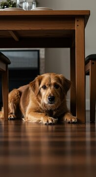 Cozy christmas day with dog relaxing under the table - capturing holiday spirit and warmth for seasonal design projects