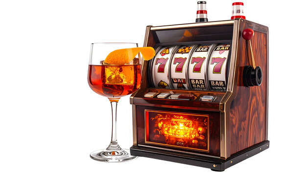 Classic slot machine with drink beside it, showcasing winning symbols