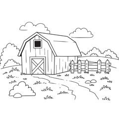 Fototapeta premium Generative ai vector art of a black and white line drawing of a barn with a wooden fence and a path, set in a rural landscape with bushes and clouds in the sky