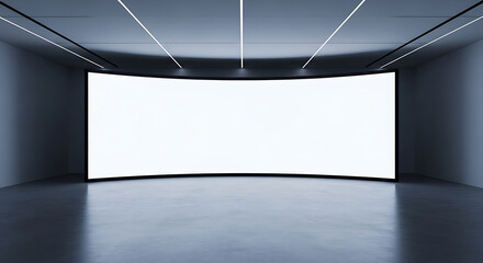Blank curved screen in a dark gray room with neon lighting for advertising or presentation purposes