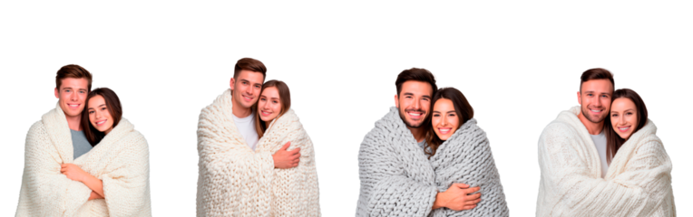 Cozy couples wrapped in blankets embracing warmth and togetherness on transparent background
