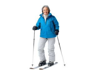 Senior woman skiing in winter gear for outdoor adventure and recreation on transparent background