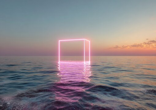 A pink neon cube floats on calm ocean waves during a sunset with soft pastel colors