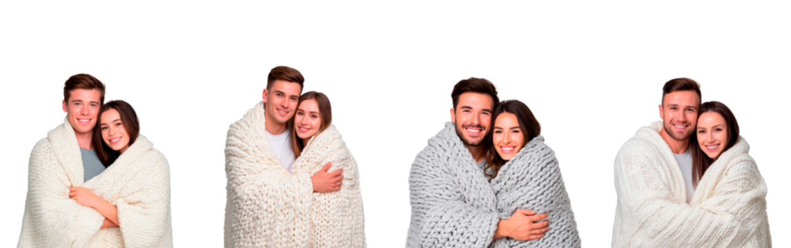 Cozy couples wrapped in blankets embracing warmth and togetherness on transparent background - Powered by Adobe