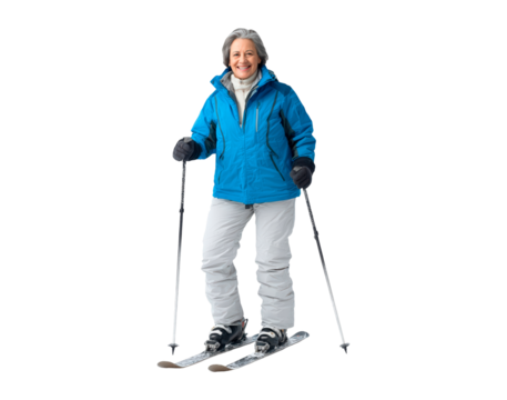 Senior woman skiing in winter gear for outdoor adventure and recreation on transparent background