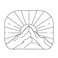 Obraz premium Generative ai vector art of stylized line art of a sun rising behind jagged mountain peaks, with radiating lines symbolizing light, set within a rounded rectangle frame