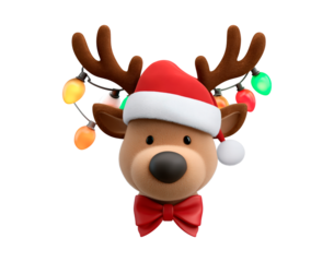 Festive reindeer with santa hat and christmas lights holiday design on transparent background