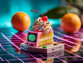 A slice of cake with a retro video game console on top, surrounded by oranges and colorful lights