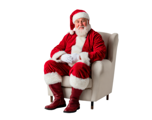 Cheerful santa claus relaxing on a comfortable chair for christmas celebration on transparent background