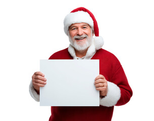 Jolly santa claus holding blank sign for christmas greetings and messages on transparent background