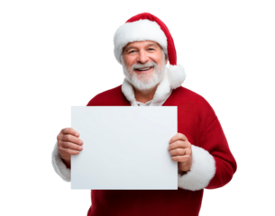 Jolly santa claus holding blank sign for christmas greetings and messages on transparent background
