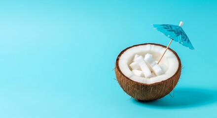 Tropical beach concept made of coconut fruit and sun umbrella. Creative minimal summer idea.