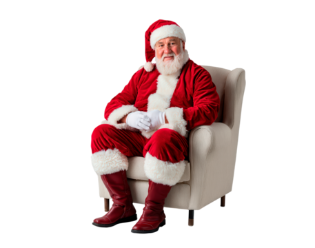 Cheerful santa claus relaxing on a comfortable chair for christmas celebration on transparent background