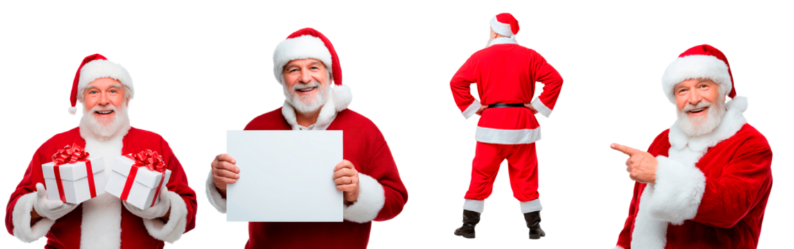 Festive santa claus characters posing with gifts and blank sign for christmas on transparent background