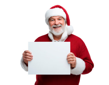 Jolly santa claus holding blank sign for christmas greetings and messages on transparent background