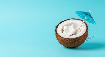 Tropical beach concept made of coconut fruit and sun umbrella. Creative minimal summer idea.