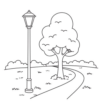 Kids Coloring Book Page - vector art of a black and white line drawing of a lamppost and a tree next to a winding path in a parklike setting with bushes