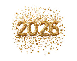 Golden starry 2026 celebration design for new year festivities on transparent background