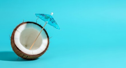 Tropical beach concept made of coconut fruit and sun umbrella. Creative minimal summer idea.