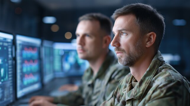 In a state-of-the-art server room, army specialists collaborate closely, monitoring screens filled with data as they deploy advanced AI technology for mission success