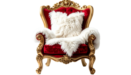 An ornate red velvet throne with gold accents and plush white fur trim and pillow