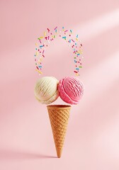 Infographic design of ice cream with colorful sprinkles. Minimal summer background. Food deconstructed food styling concept.