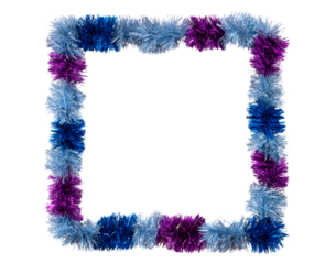 Colorful tinsel border frame for festive decoration with blue and purple accents on transparent background