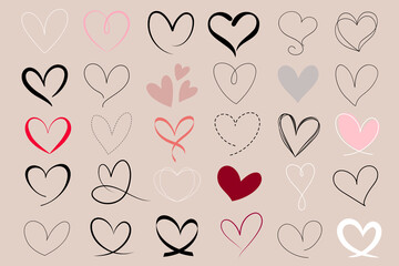 Colorful heart bundle in hand drawn illustration. Flourish, swashes, line art and flat style