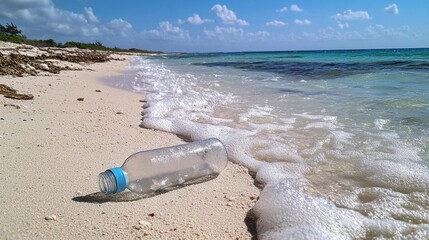 plastic bottle washed ashore on a tranquil beach with clear blue water and gentle waves, environmental pollution concept