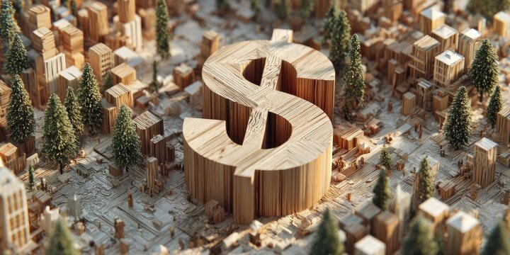 Wooden dollar sign amidst miniature city