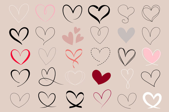 Colorful heart bundle in hand drawn illustration. Flourish, swashes, line art and flat style
