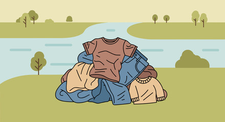 Pile of old clothes for donation near water in a green landscape  