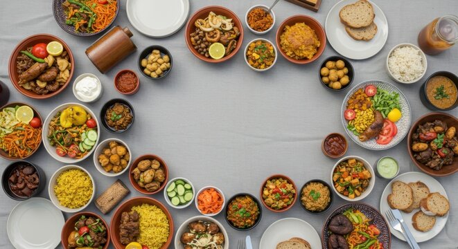 Day of goodwill feast celebration with traditional dishes and diverse cuisine for festive gathering - Powered by Adobe