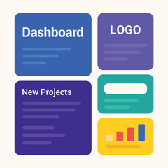 Modern dashboard UI design template with colorful cards for projects, charts, and logo sections in flat vector style — perfect for web design, app interface, and data presentation.