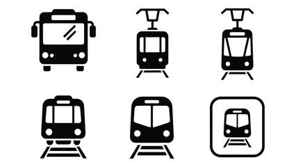Collection of diverse public transportation icons including buses trams and trains silhouette