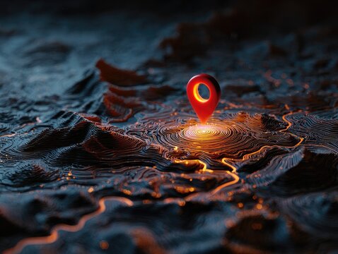 A glowing red pin indicating location illuminates a dark, textured landscape