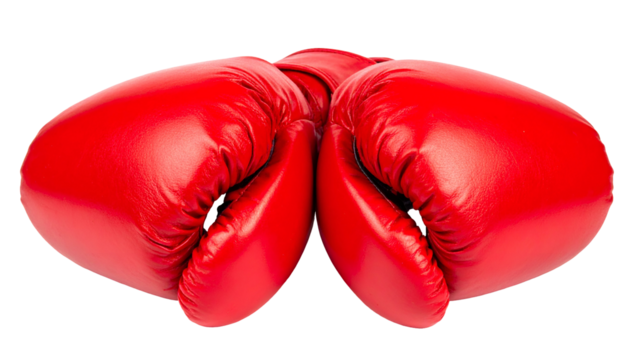 A pair of vibrant red boxing gloves, positioned ready for a fight, against a black backdrop