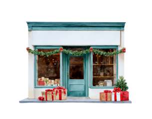 Festive holiday boutique decorated with garland and christmas gifts at entrance