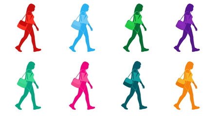 Colorful silhouettes of women walking with shoulder bags in different shades