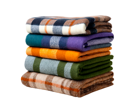 Stack of colorful plaid wool blankets with various patterns for cozy home decor on transparent background
