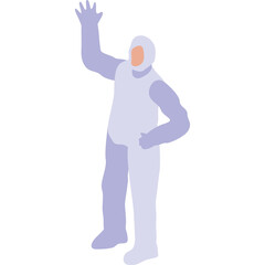 Stylized Isometric Figure in Pale Lavender and White Protective Suit Waving a Hand in a Digital Art Illustration