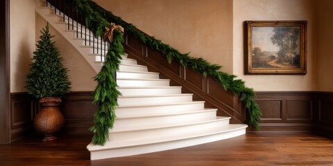 Old money Christmas decor concept. Elegant staircase adorned with greenery in a stylish interior.