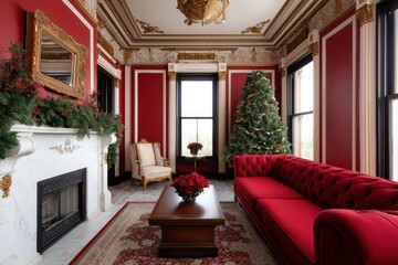 Old money Christmas decor concept. Elegant room with red accents and a Christmas tree by the fireplace.