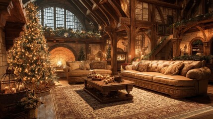 Old money Christmas decor concept. Cozy rustic living room decorated for the holidays.