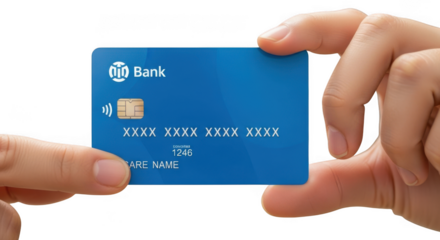 Close up of fingers holding a blue bank credit card with banking logo