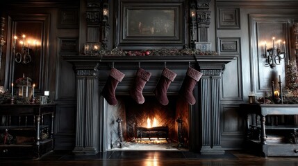 Old money Christmas decor concept. Elegant fireplace adorned with stockings in a dark, ornate room.