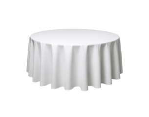 Elegant round table with white tablecloth for special event decor on transparent background