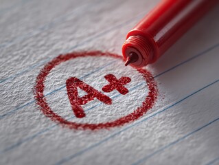 A red pen circling an a grade on lined paper, representing academic success and achievement