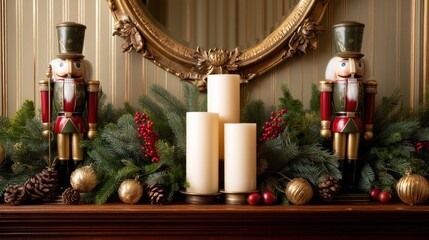Old money Christmas decor concept. Festive holiday decor with nutcracker figures and candles on a mantle.